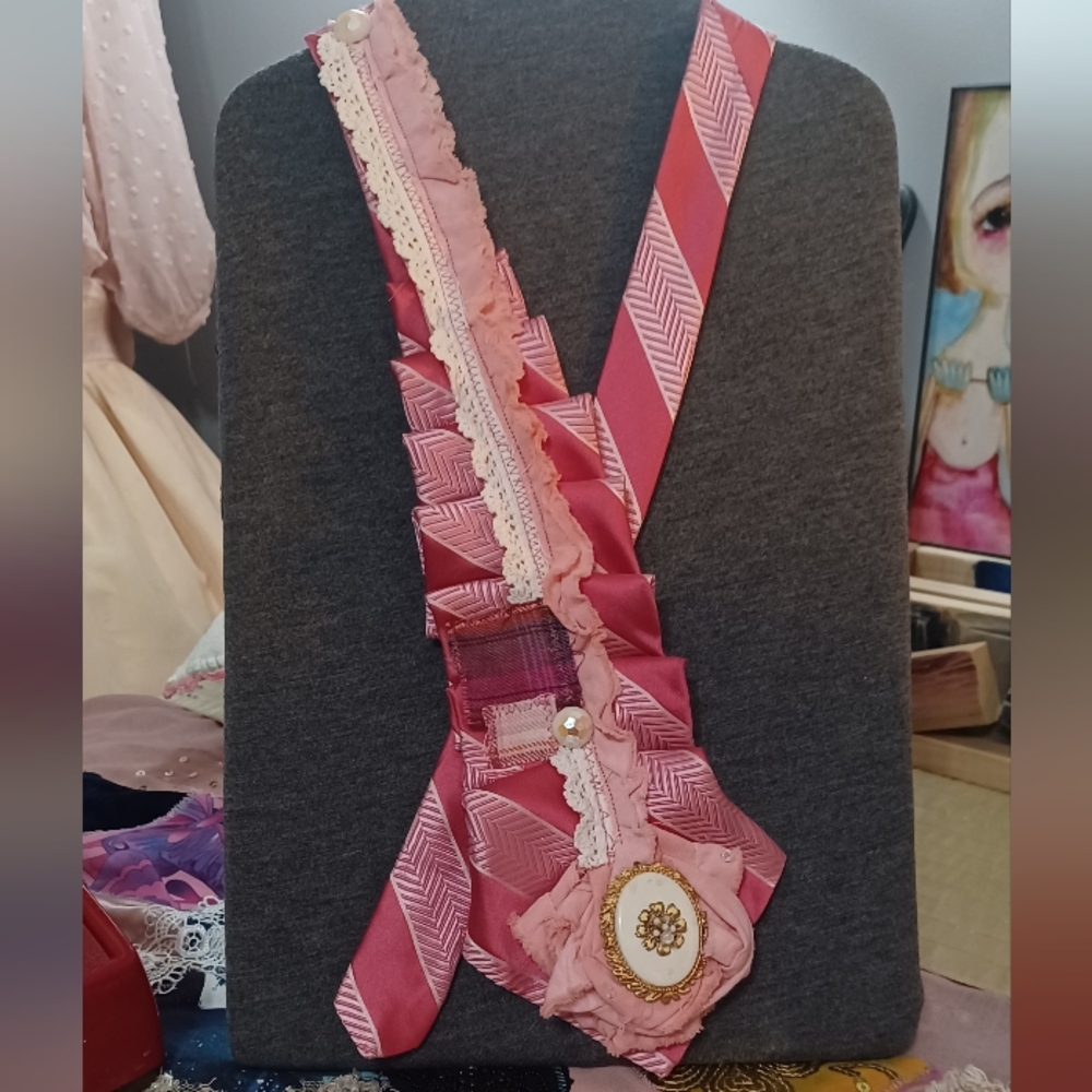 Handmade Vintage Upcycled Pink Ruffled Tie Sash  with Lace and Brooch